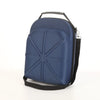 A navy blue unisex travel baseball hat and storage bag with a black strap.