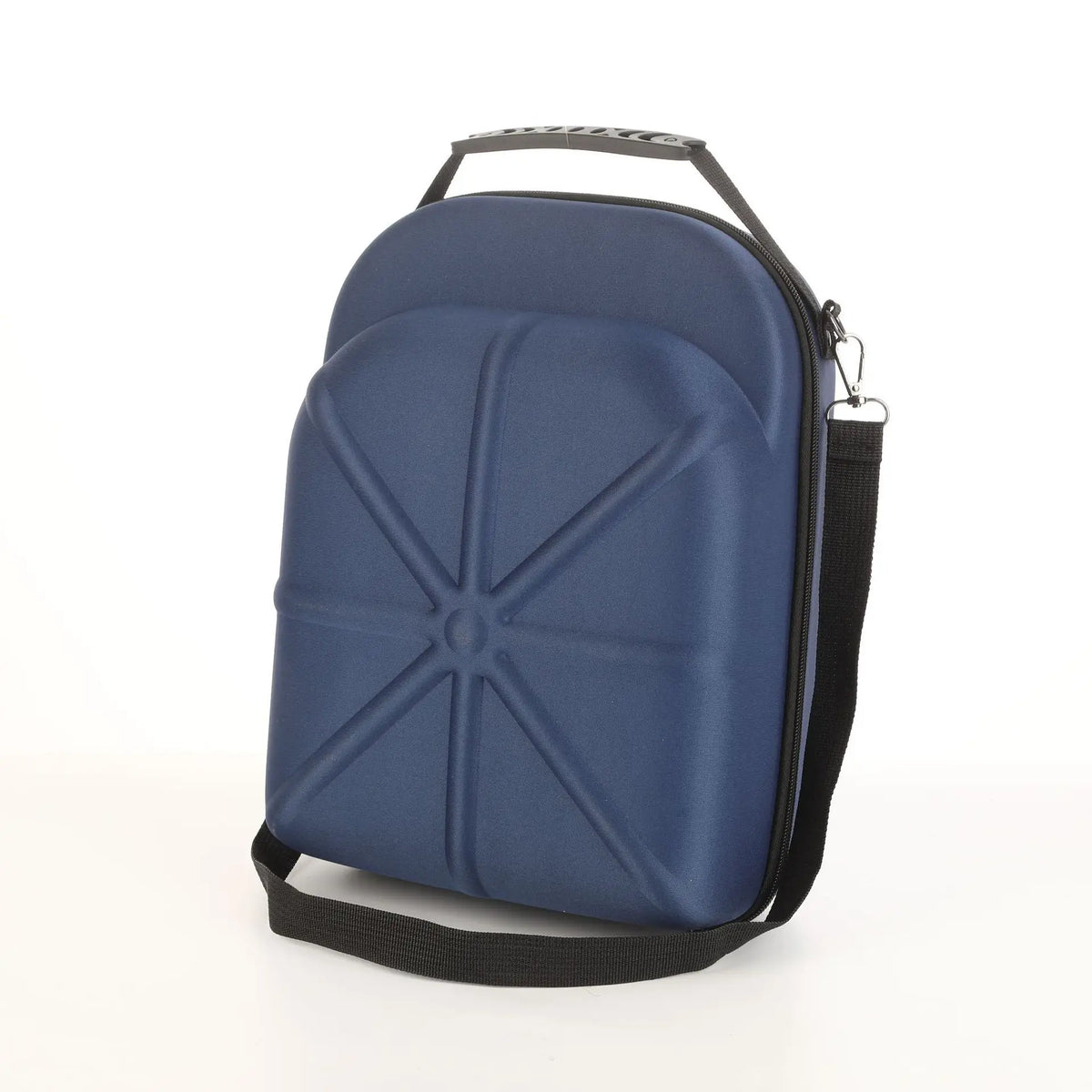 A navy blue unisex travel baseball hat and storage bag with a black strap.