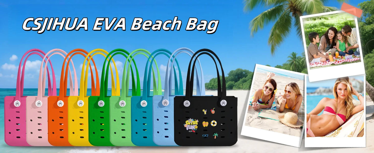 Collection de sacs de plage en caoutchouc EVA colorés, présentés sur un fond tropical.