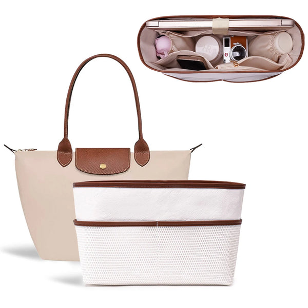 A beige tote bag organizer insert with a laptop sleeve is shown alongside its folded components.