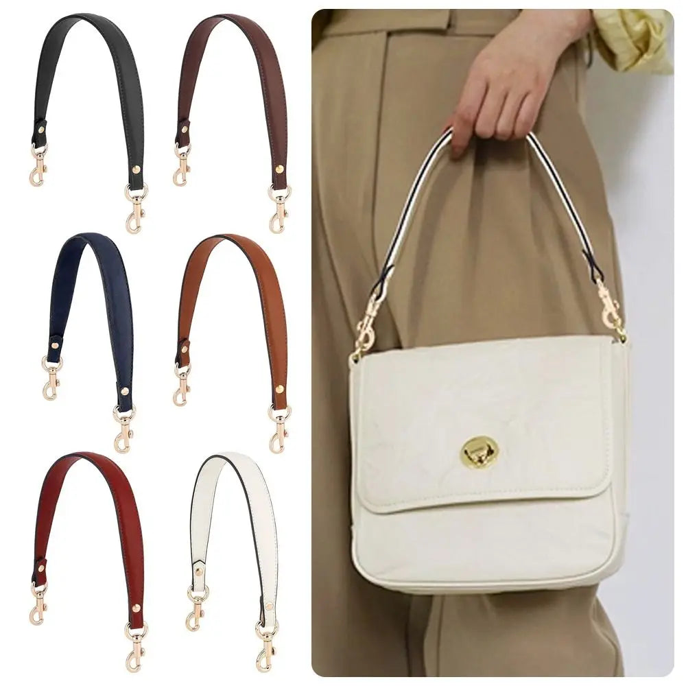 A beige PU leather detachable strap handbag is shown being held by a hand against a tan skirt.