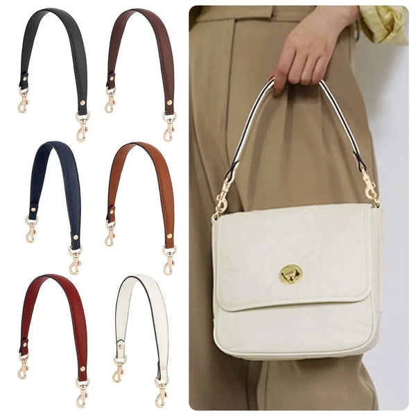 A beige PU leather detachable strap handbag is shown being held by a hand against a tan skirt.