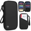 Black waterproof RFID blocking passport holder with a zippered compartment and an open display section.