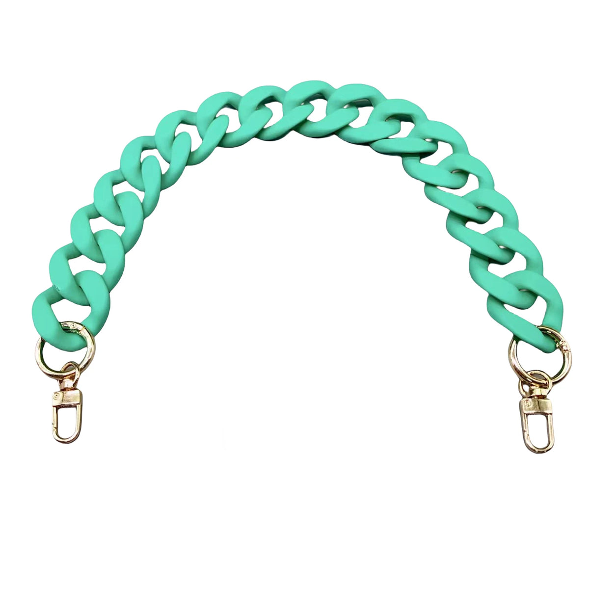 A turquoise acrylic chunky chain shoulder strap with gold-toned clasps.