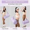 Multiple ways to use a purple sport gym bag for women and men, shown as single shoulder, cross-body, and handbag.