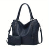 A dark navy blue women's PU leather crossbody tote bag shown from the front.