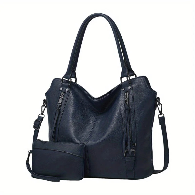 A dark navy blue women's PU leather crossbody tote bag shown from the front.