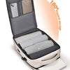 A gray and beige travel backpack is shown open, displaying internal compartments and a laptop sleeve.