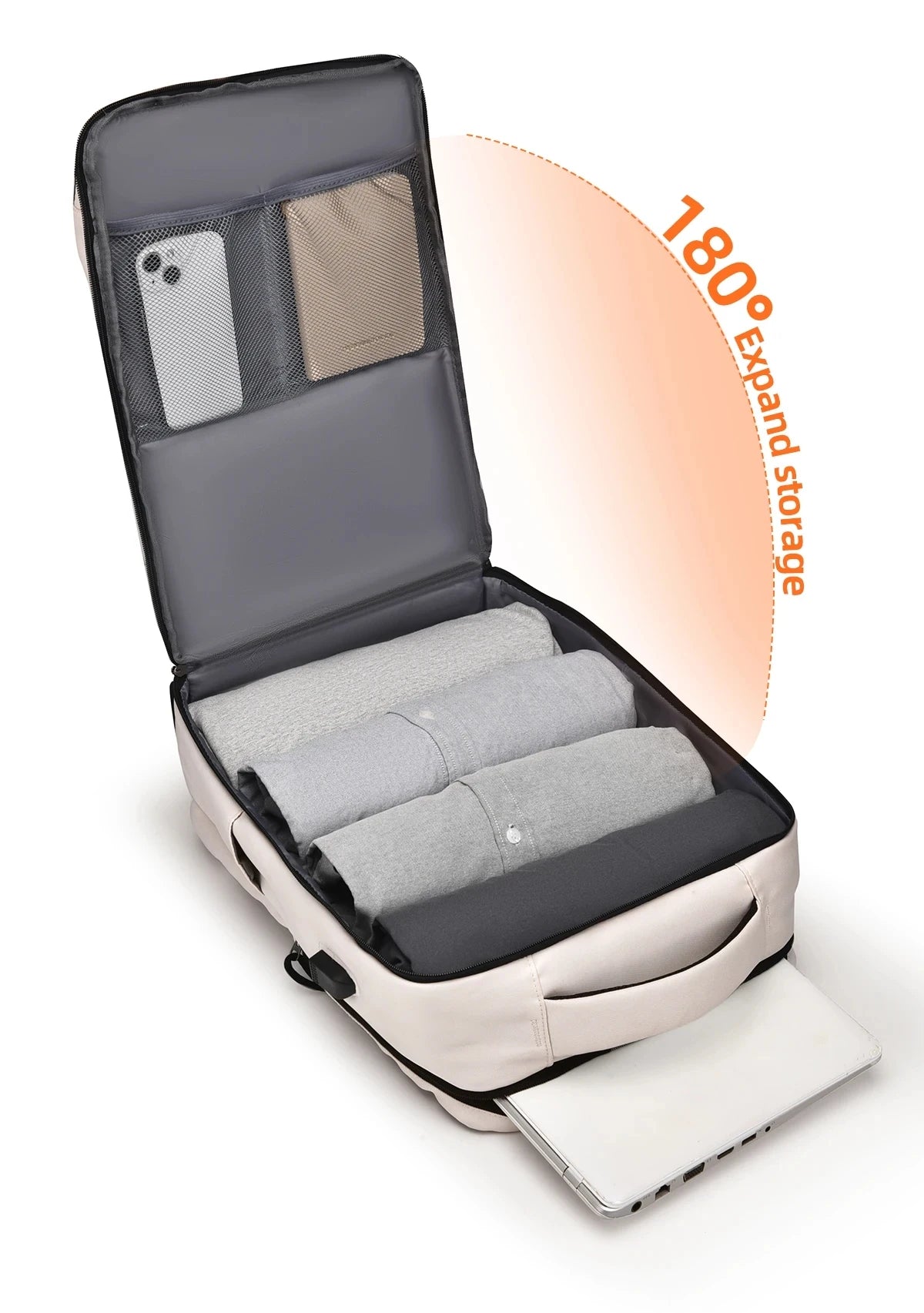 A gray and beige travel backpack is shown open, displaying internal compartments and a laptop sleeve.