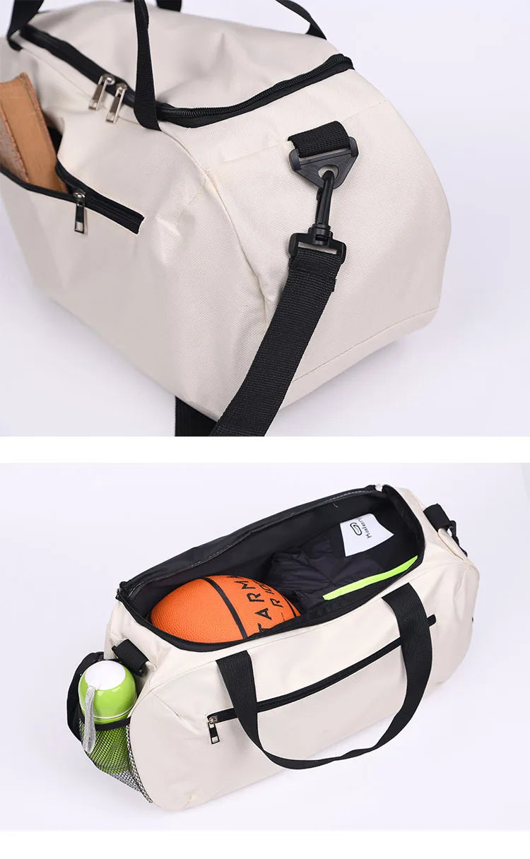 A beige waterproof sports duffel bag with a black strap and a tennis ball inside.