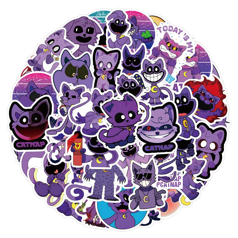 A collection of smiling critter characters from the Horror Game Catnap sticker pack featuring various purple and dark colored
