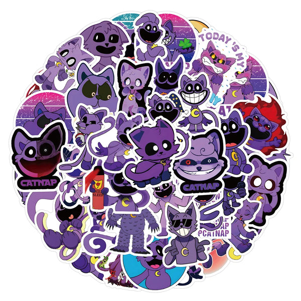 A collection of smiling critter characters from the Horror Game Catnap sticker pack featuring various purple and dark colored