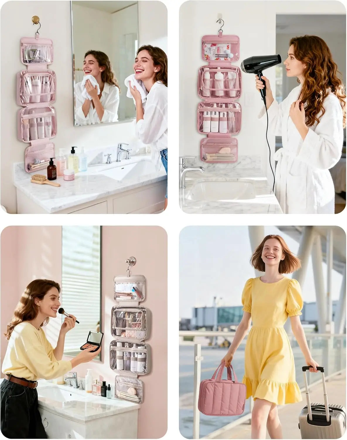 Une femme utilise un sac organisateur cosmétique portable dans une salle de bain.