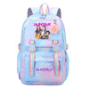 A light blue and pink patterned Hunterx backpack featuring illustrations of three female characters.