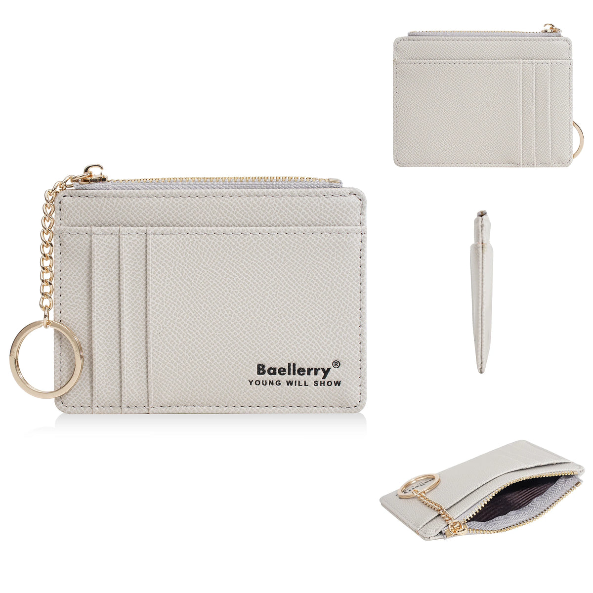 A light beige leather card holder wallet with vertical stitching and a gold chain keychain.