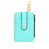 A light turquoise silicone PU leather key chain wristlet wallet with a gold-tone clasp and black zipper detail.