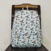 A light blue and green patterned toddler backpack with animal prints displayed on a wooden hanger.
