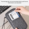 Ranura de bolsillo frontal gris en una laptop, mostrando un billete dentro de una cartera de pasaporte que bloquea RFID.