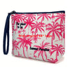 Bolsa cosmética con estampado de palmera rosa y correa azul marino con texto 'Summer Paradise'