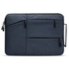 A dark blue waterproof laptop sleeve designed to protect a MacBook.
