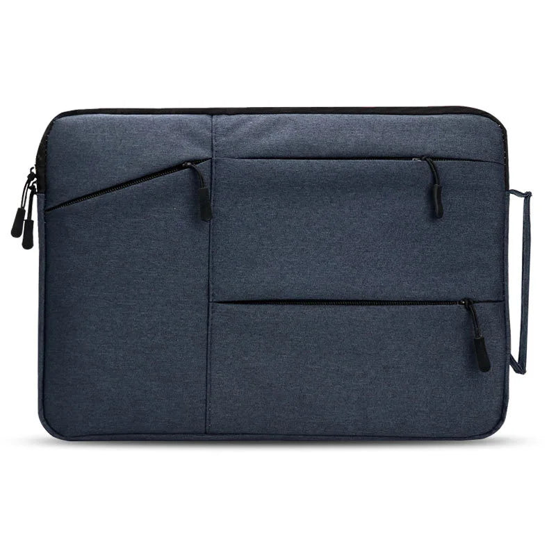 A dark blue waterproof laptop sleeve designed to protect a MacBook.