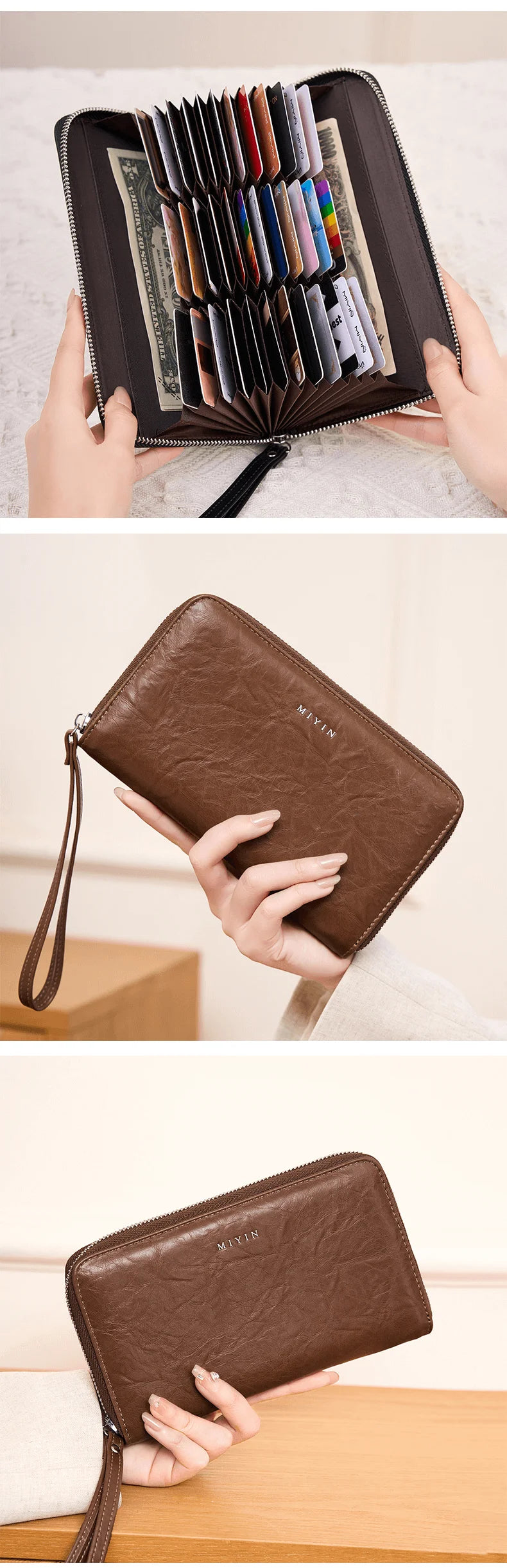 A brown slim RFID-blocking PU leather wallet with a zipper closure is shown being held and opened to display credit cards.