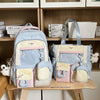 A light blue Kawaii Harajuku backpack with pink accents and a laptop compartment displayed on a wooden shelf.