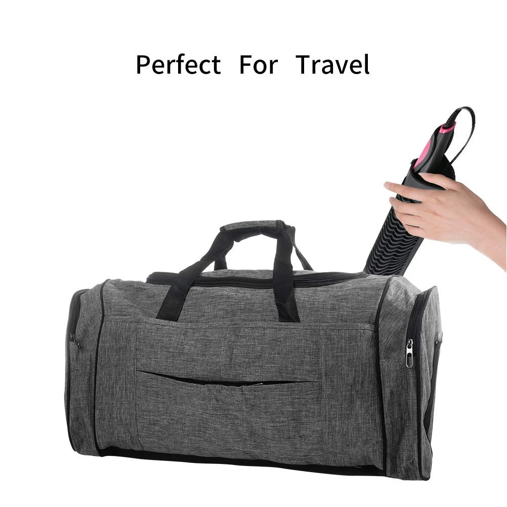 A gray travel bag is shown being held by a hand, suitable for organizing styling tools.