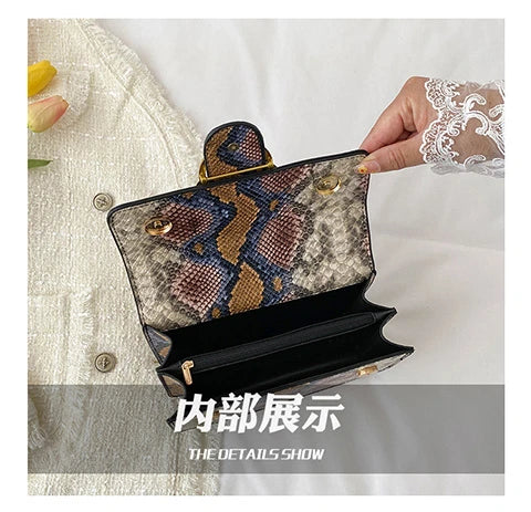 Interior view of an elegant retro crossbody bag with a patterned exterior and gold hardware.