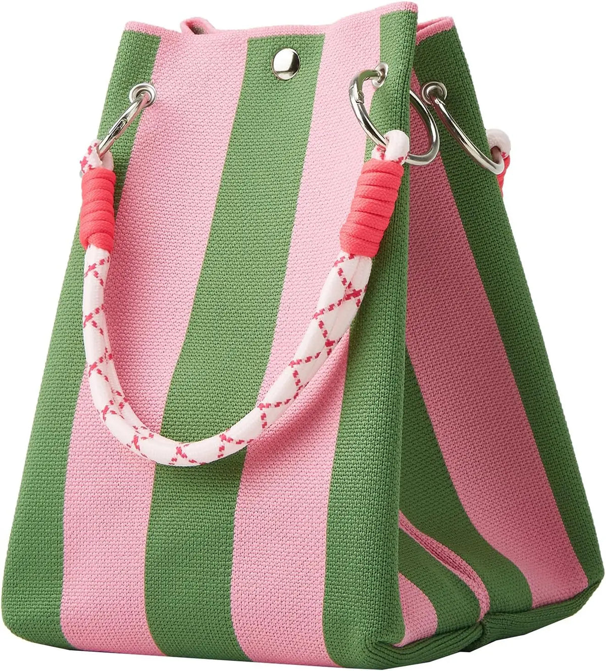 A striped knit bucket tote bag in pink and olive green with silver hardware.