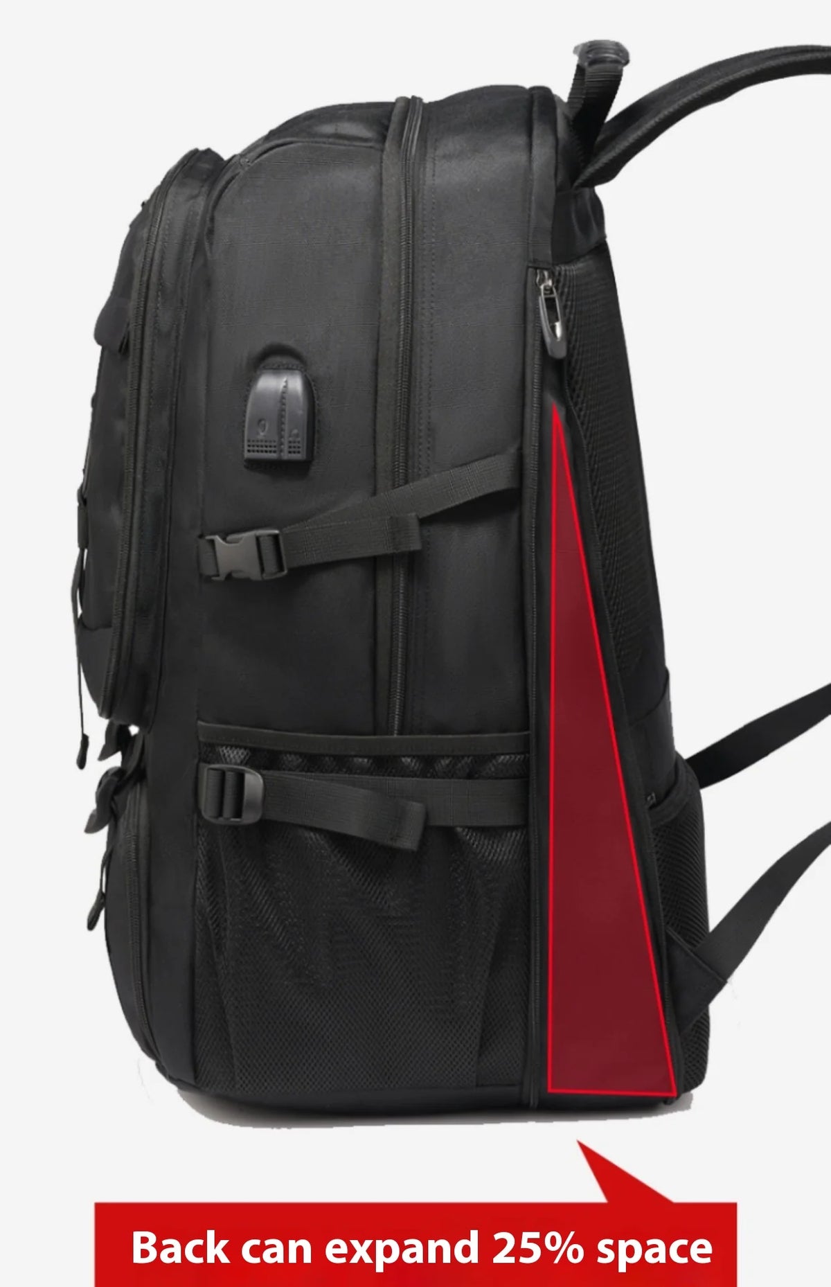 Black durable travel backpack shown from the back with a red accent panel.