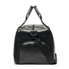 Black leather travel duffle bag with padded straps and a flap closure