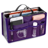 A purple multi-pocket organizer tote bag filled with various cosmetics and essentials like lipsticks and a smartphone.