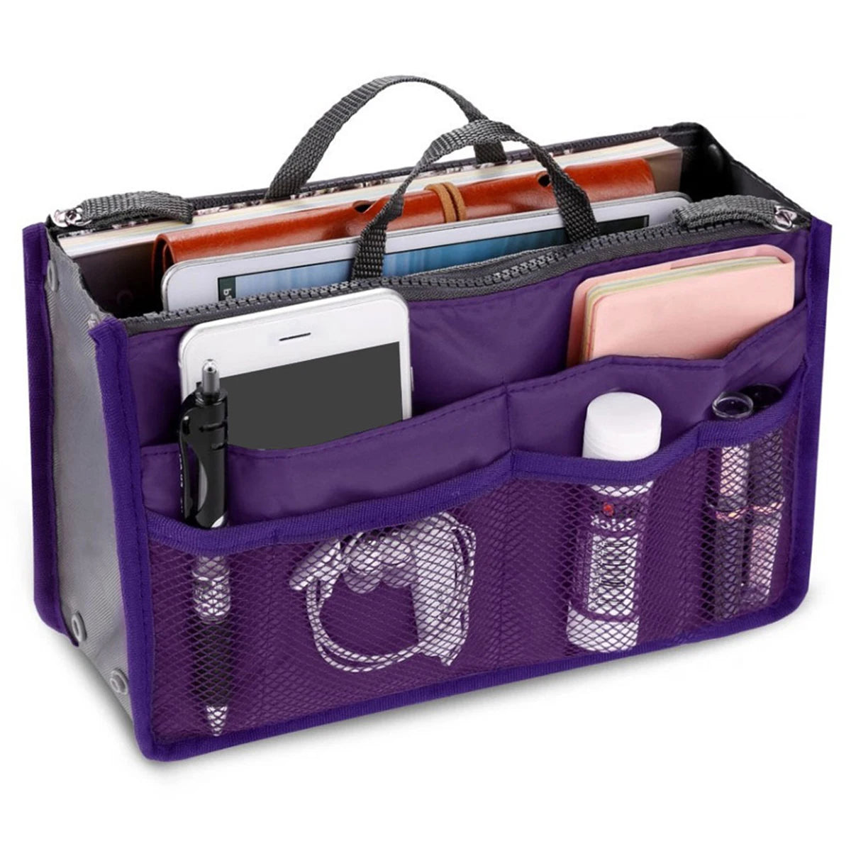A purple multi-pocket organizer tote bag filled with various cosmetics and essentials like lipsticks and a smartphone.