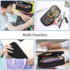 A multi-function black leather pencil case shown being used for storing pens and pencils.