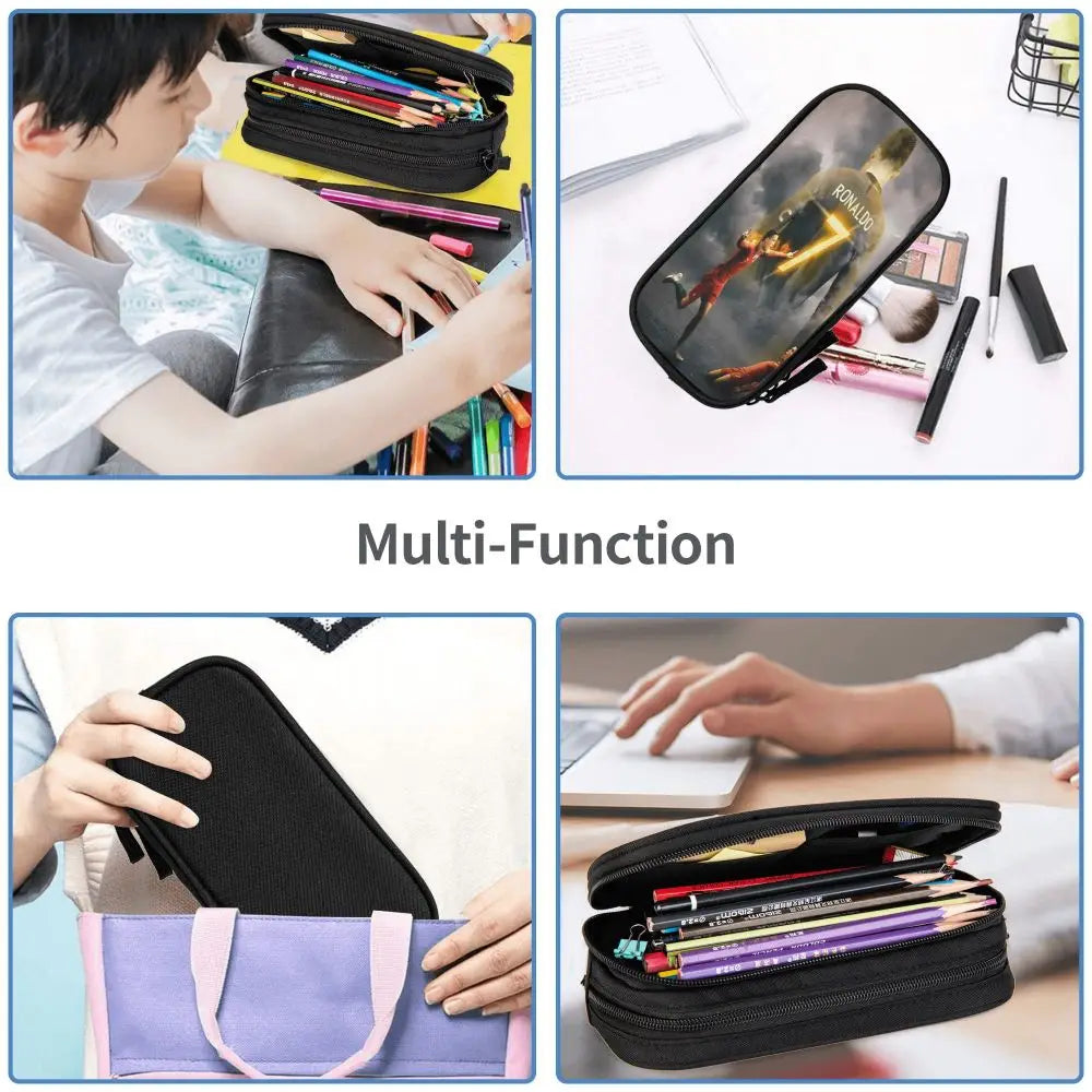 A multi-function black leather pencil case shown being used for storing pens and pencils.