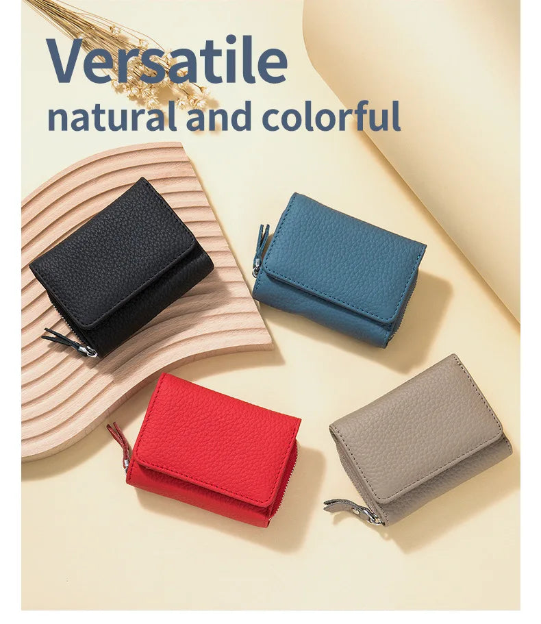 Colección de carteras pequeñas de cuero natural y coloridas en tonos negro, azul, rojo y gris.