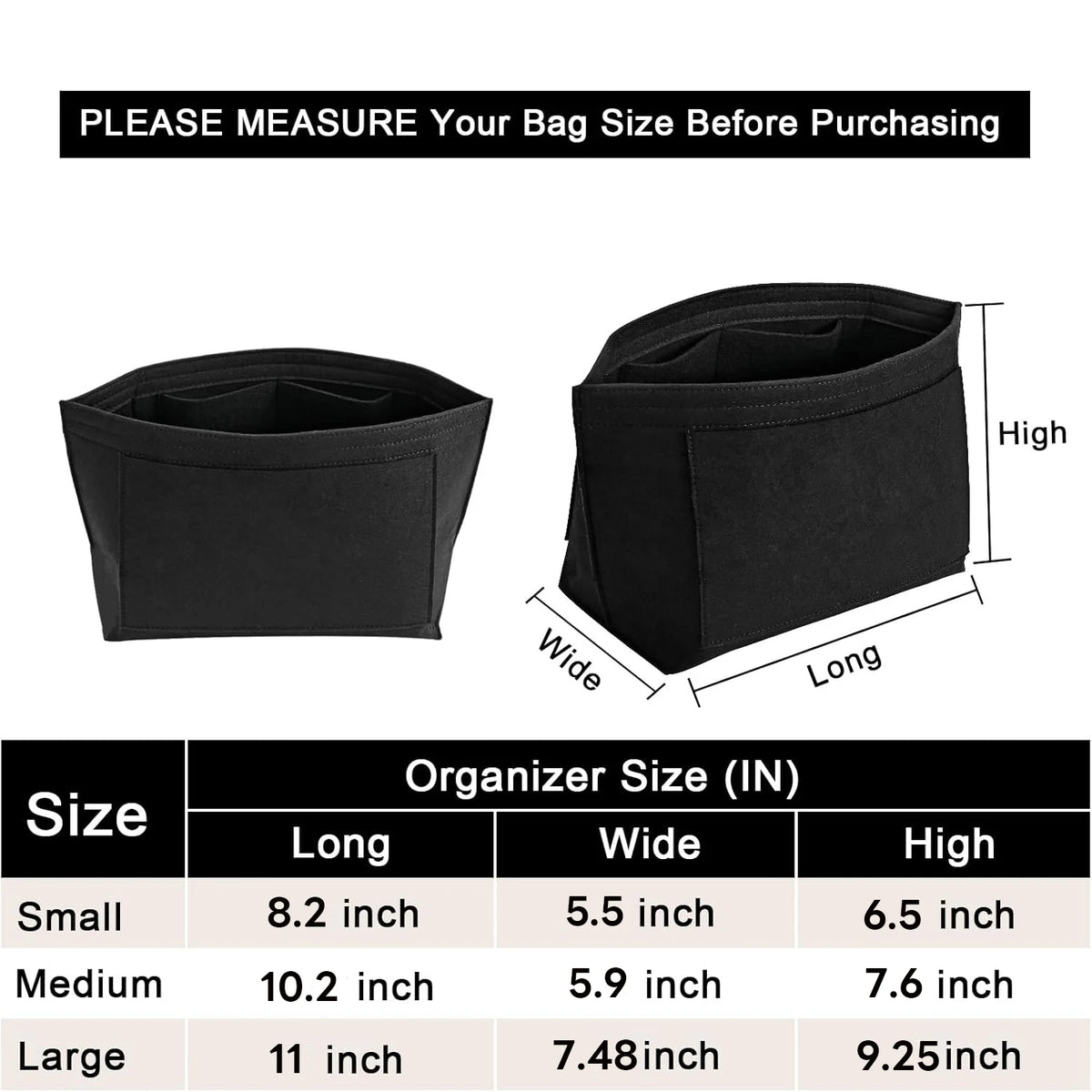 Black felt organizer insert for handbags with sizes Small, Medium, and Large listed.