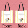 A yellow striped tote bag featuring a cartoon dog illustration on the front and back.
