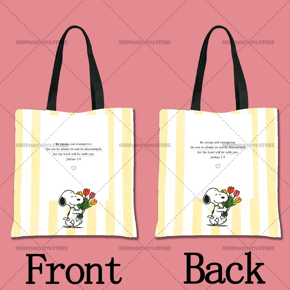 A yellow striped tote bag featuring a cartoon dog illustration on the front and back.