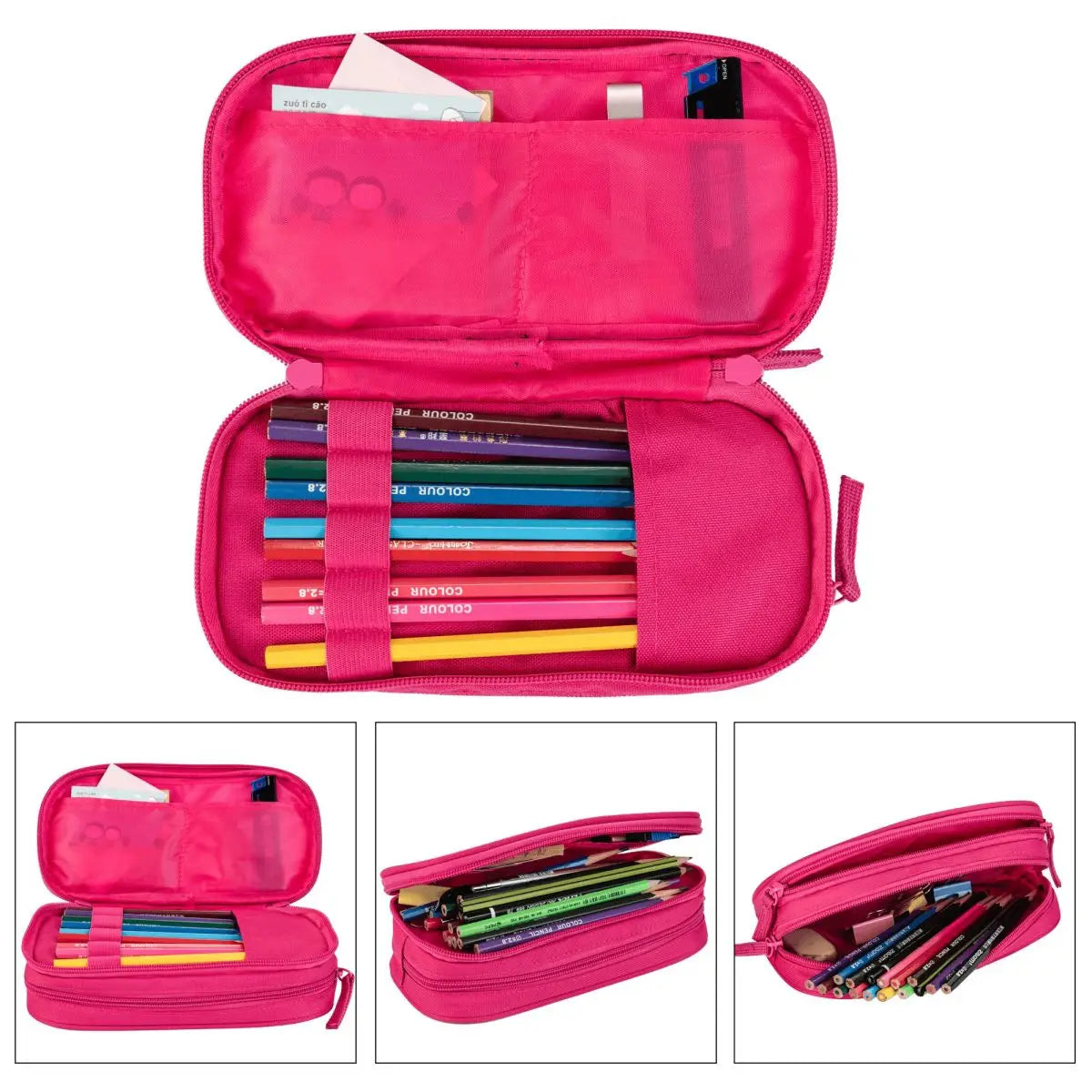 A pink classic leather pencil case set shown in various configurations and open views.