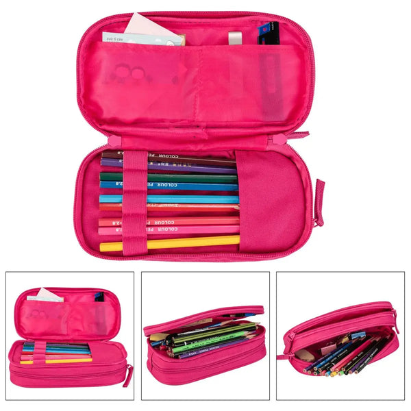 A pink classic leather pencil case set shown in various configurations and open views.