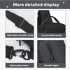 Close-up view of a black lightweight chest bag showing adjustable shoulder strap, comfortable handle, high quality hooks, and