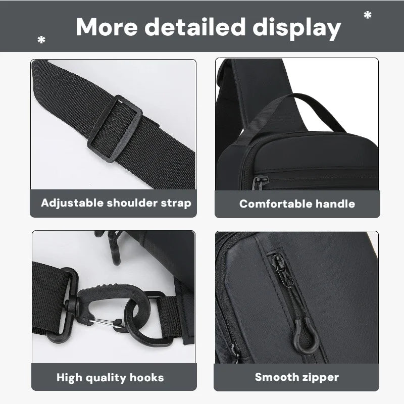 Close-up view of a black lightweight chest bag showing adjustable shoulder strap, comfortable handle, high quality hooks, and