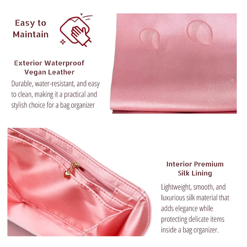 Pink luxury bag organizer insert featuring exterior vegan leather and interior premium silk lining