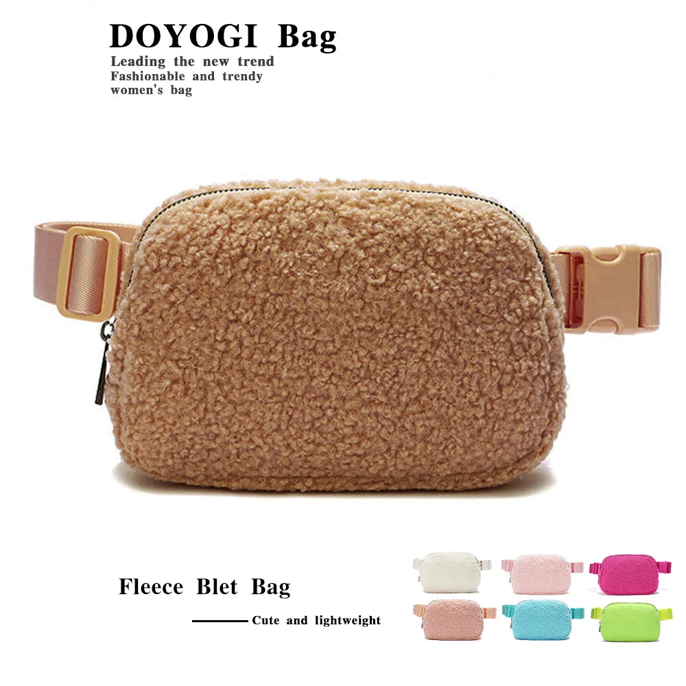 Ivory fleece belt bag featuring various pastel colors like pink, blue, and green.