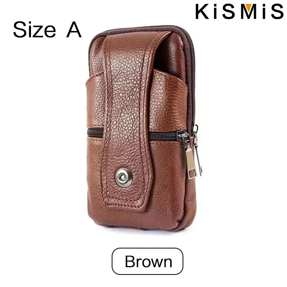 Brown vintage leather waist bag with belt clip for phone and essentials