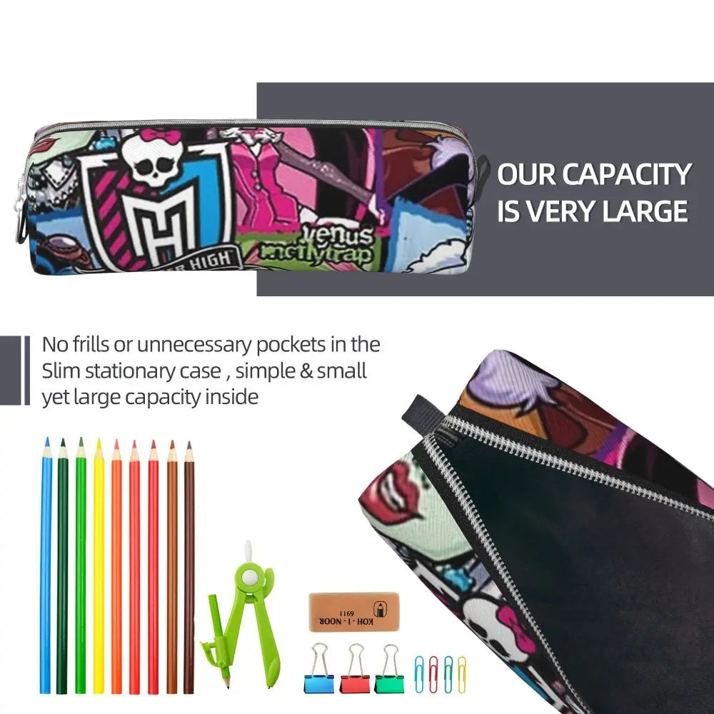 A black leather pencil case with a zipper showing various colored pencils and a pair of green scissors.