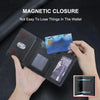 A hand holds a black magnetic leather card wallet with an iPhone slot and a clear card inside.