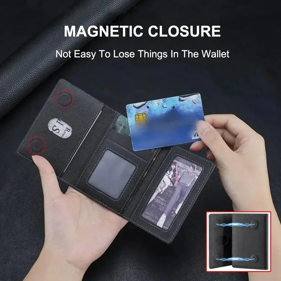 A hand holds a black magnetic leather card wallet with an iPhone slot and a clear card inside.